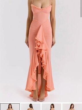 Spaghetti-Strap Coral High-Low Ruffle Maxi Dress